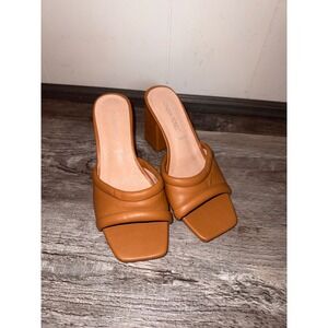London Rebel Tan Brown Padded Strap Block Heel Mules Square Toe Wide Fit 36/3